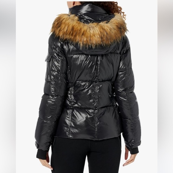 S13 Down/Feather Gloss Faux Fur Trimmed Puffer Coat Jacket Black | M - Picture 2 of 7